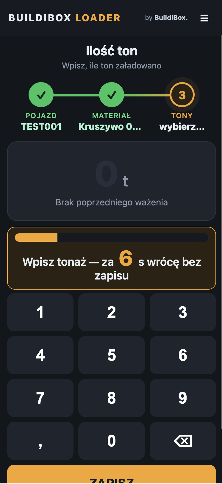 Aplikacja BuildiBox Loader – rejestracja załadunku z kabiny, ilość ton